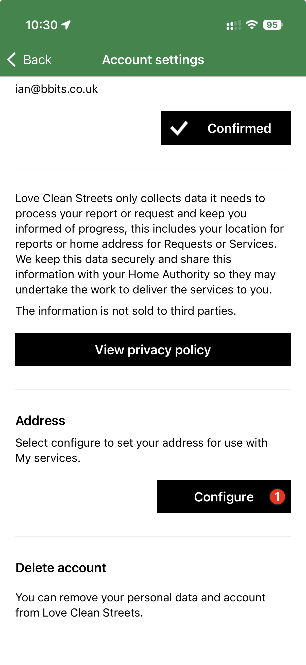 Configure the address screen on the Love Clean Streets app