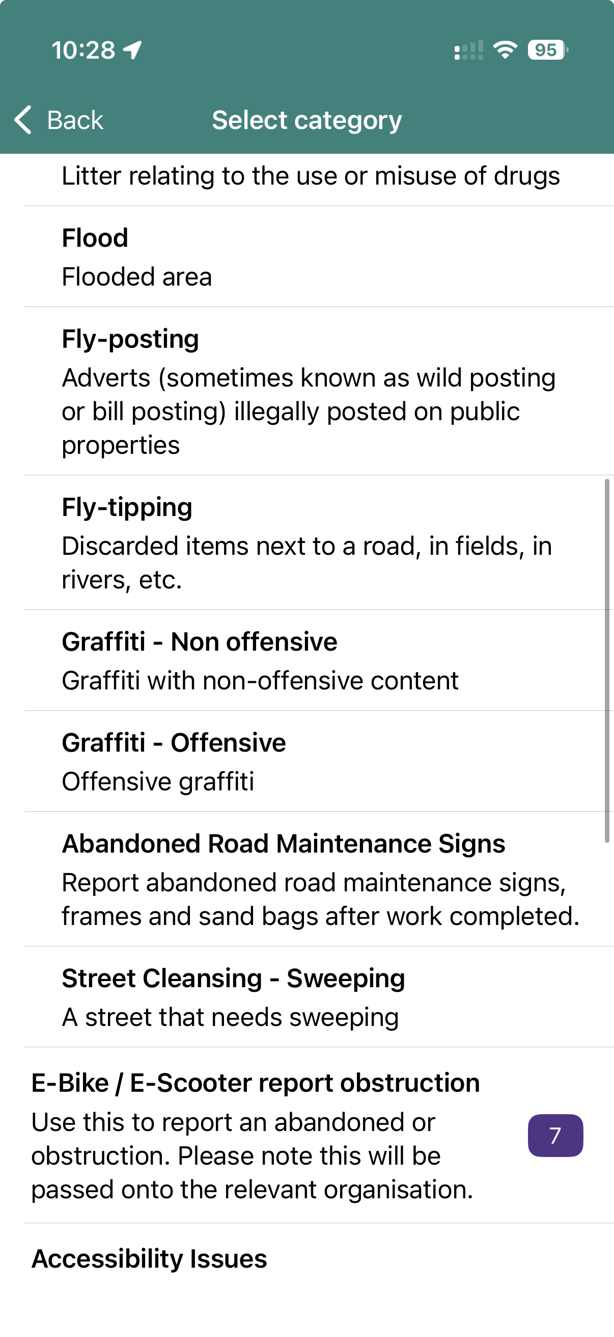 Choose the closest category screen on the Love Clean Streets app