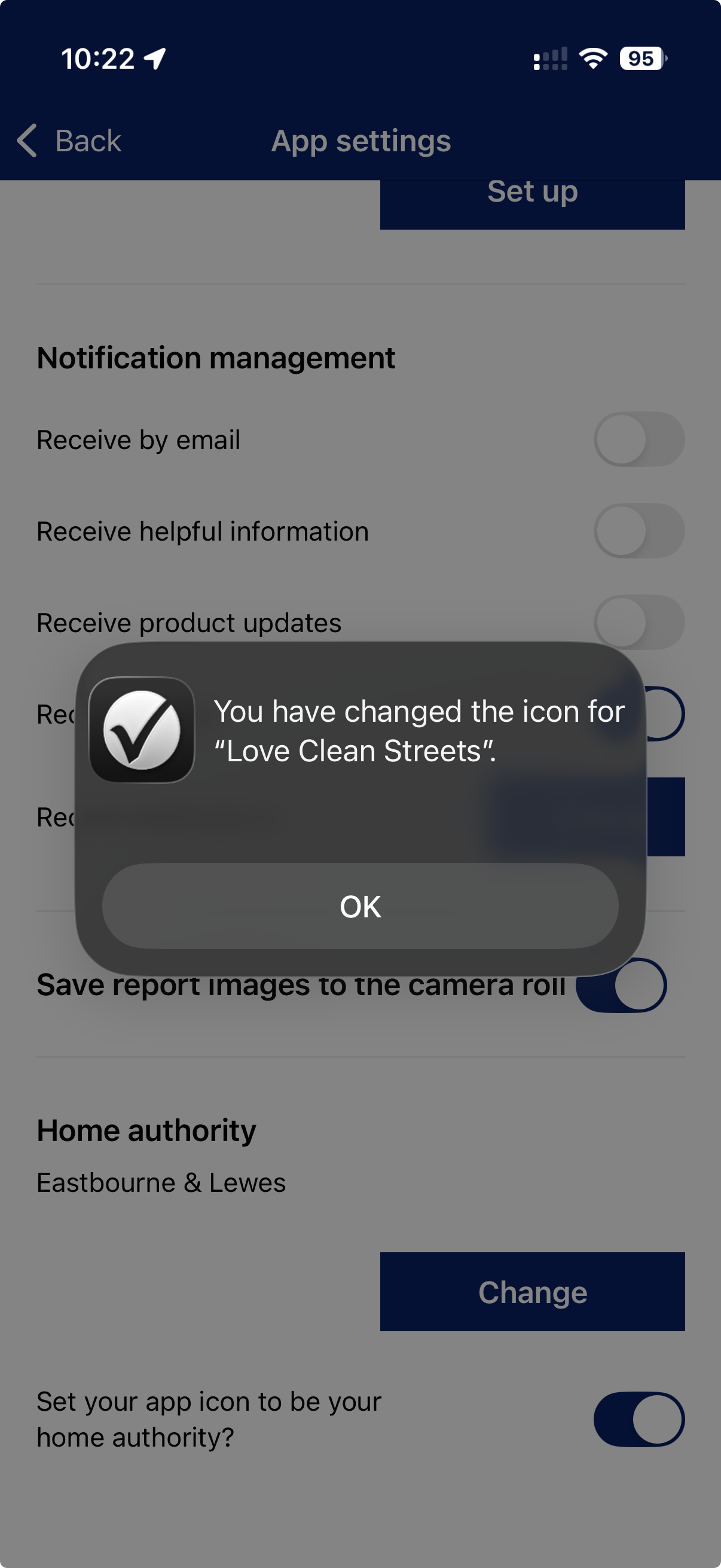 Authority app icon screen on the Love Clean Streets app