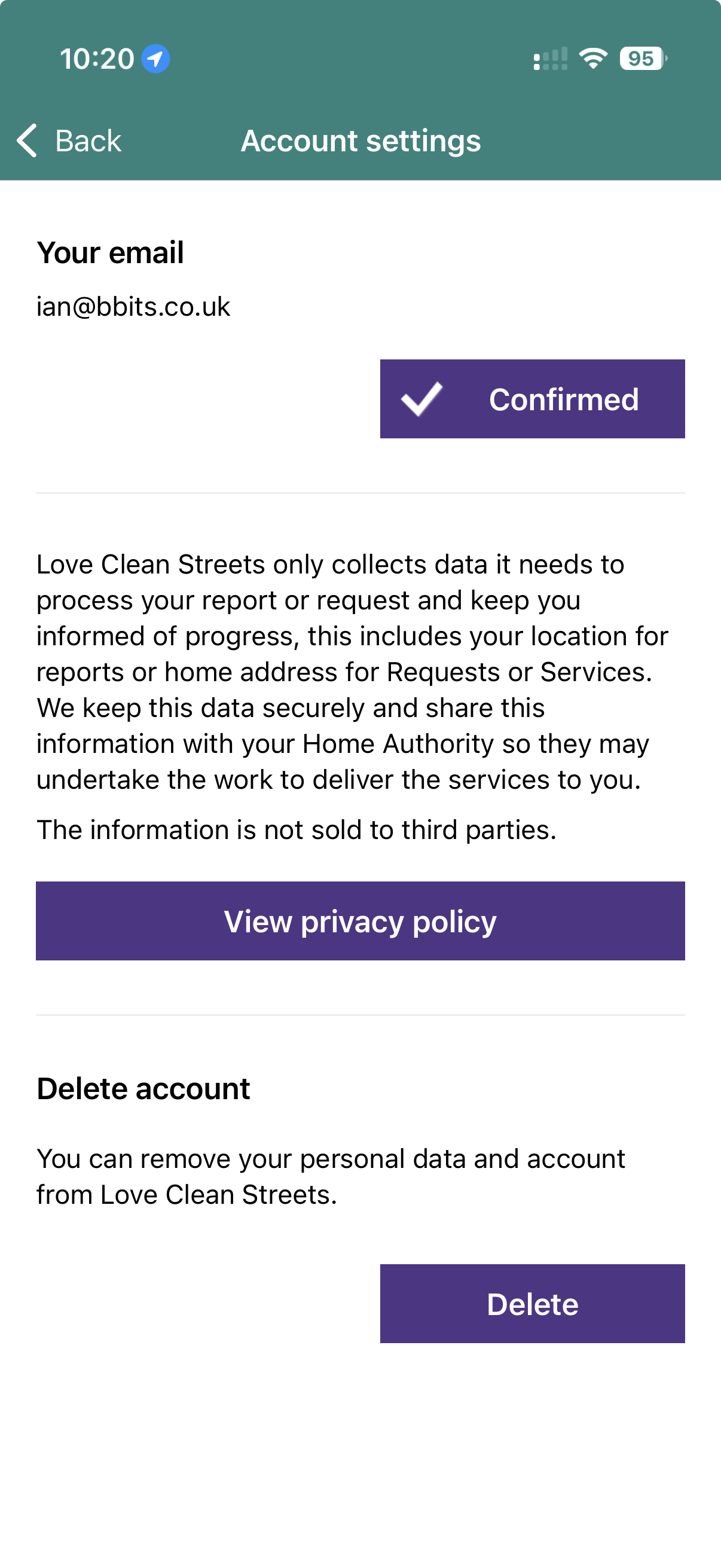 Privacy and account controls screen on the Love Clean Streets app
