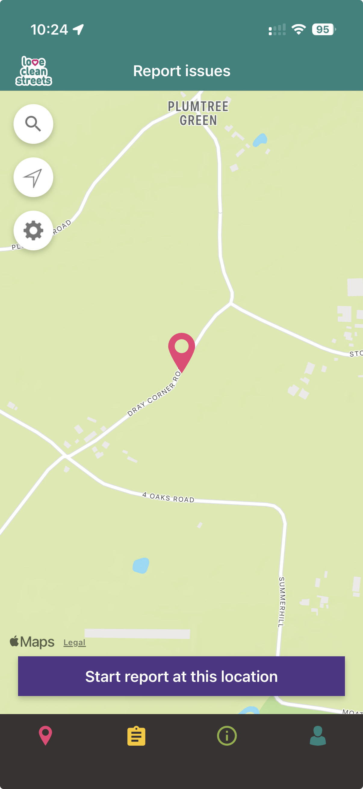 Choose the location screen on the Love Clean Streets app