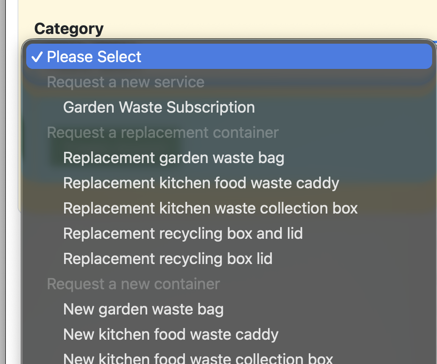 Choose a website request category screen on the Love Clean Streets website
